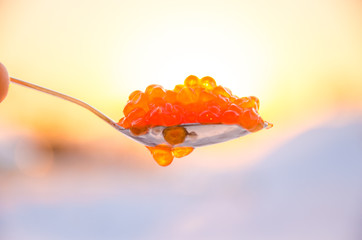 blue plate with metal spoon. red caviar in the snow. - 136825721