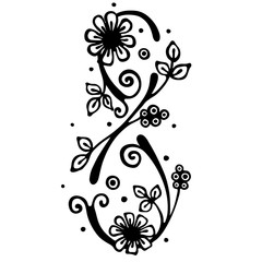 Vector hand drawn illustration, decorative stylized number eight in shape of tree with branch, flowers leaves Black and white isolated graphic outline illustration for 8 March. Line drawing silhouette
