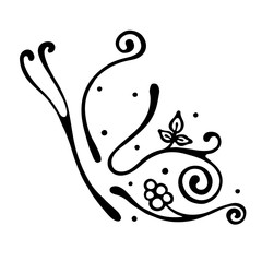 Vector hand drawn illustration, decorative ornamental stylized butterfly in shape of branch with flowers, leaves, dots. Black and white isolated graphic outline illustration Line drawing silhouette.