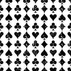 Seamless vector abstract pattern background with icons of playings cards Grunge texture with attrition, cracks and ambrosia. Old style design Graphic illustration. Series of Gaming, Gambling Patterns