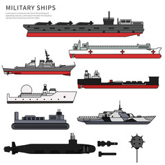 Military ships, warship and battleship on white © Mountain Brothers
