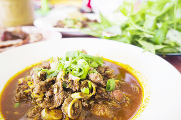 Spicy fried beef blood salad, Northern Thai style food