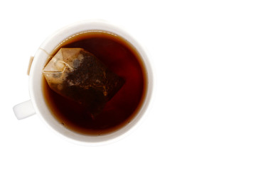 tea cup with tea bag. top view isolated on white background