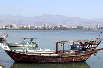 VAE Rash Al-Khaimah Holzboot Dhau am Creek, Arabische Halbinsel, Naher Osten