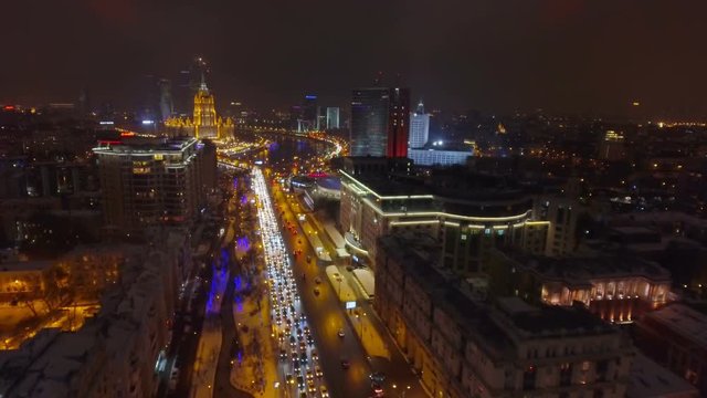 Moscow night aerial cityscape Christmas New Year time, New Arbat avenue.