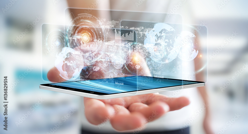 Aufkleber hologram screen with digital datas used by businessman 3d render