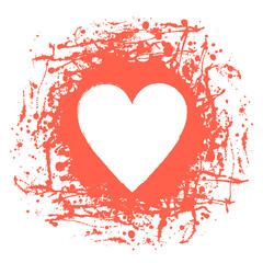 Vector graphic grunge illustration of heart sign with ink blot, brush strokes, drops isolated on the white background. Series of artistic illustration with splash, blots and brush strokes.