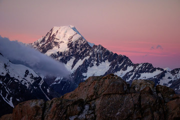 Scenic sunset view of Mt Cook with colorful sky, NZ