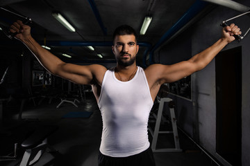Fototapeta na wymiar Muscular young man is working out in the gym. He is doing exercise for his arms, shoulders and chest.