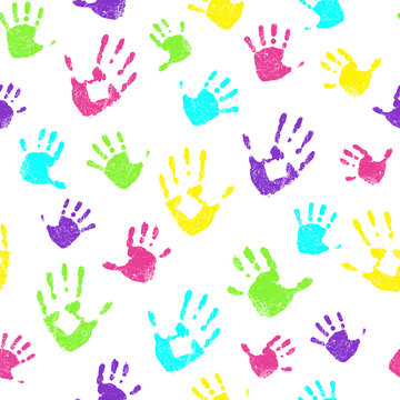 Seamless pattern with bright and colorful family handprints on white background. Vector illustration.