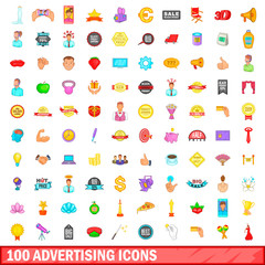 100 advertising icons set, cartoon style