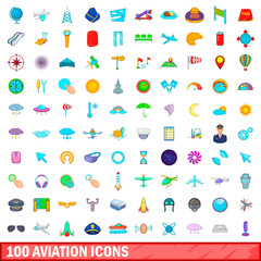 100 aviation icons set, cartoon style