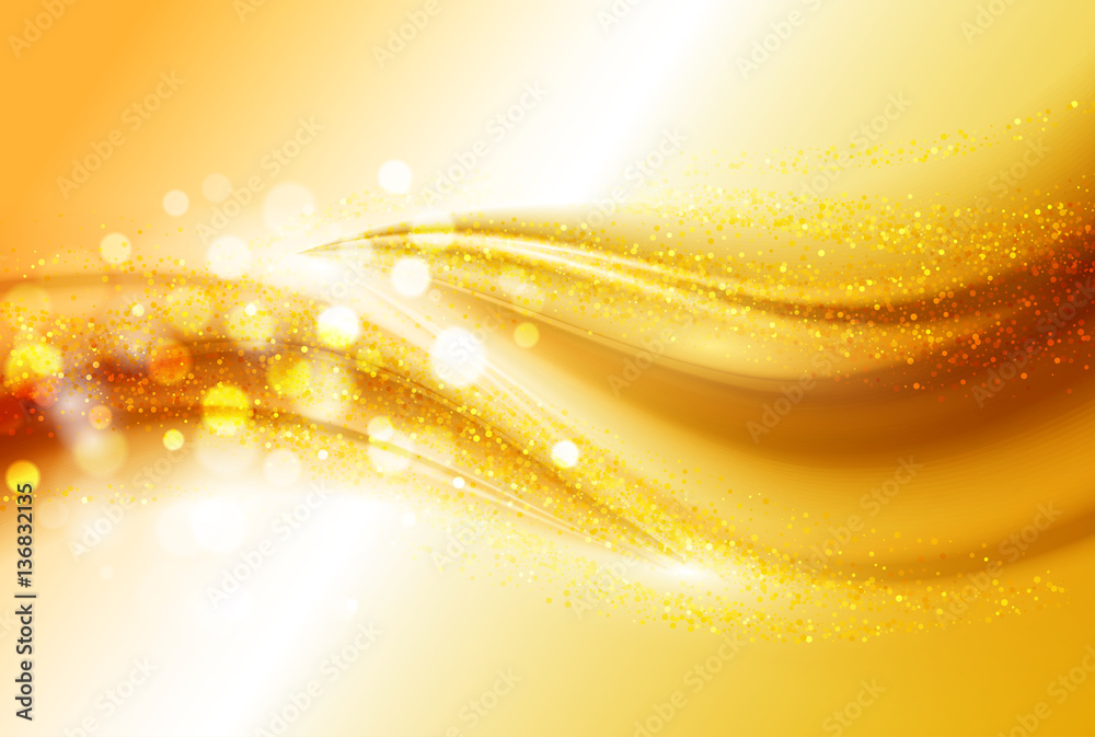 Poster smooth light gold waves lines and lens flares vector abstract background.