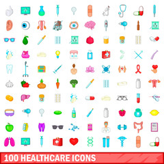 100 healthcare icons set, cartoon style