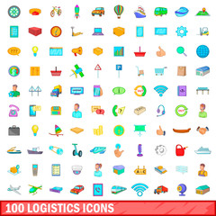 100 logistics icons set, cartoon style