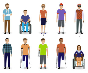 Set of ten disabled people characters. Disability concept. Group of male and female invalid men. Flat style vector illustration.