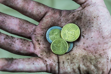 Coin in the dirty hand homeless.