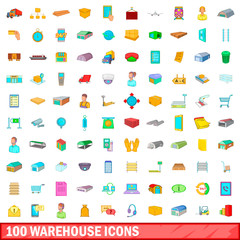 100 warehouse icons set, cartoon style