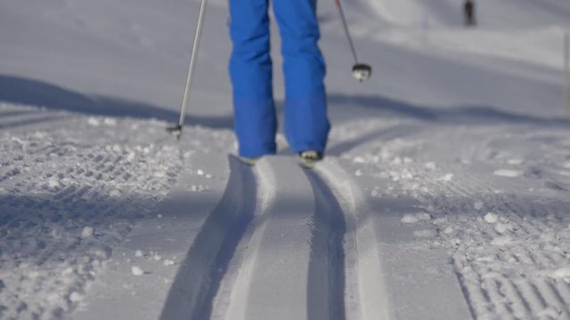Legs in ski furrow. Woman cross-country skiing. Close-up