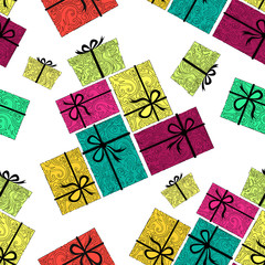 Festive seamless elegant pattern with colorful mountain of presents decorated with bowls. Background for holidays, celebrations and events. Wrapping paper design
