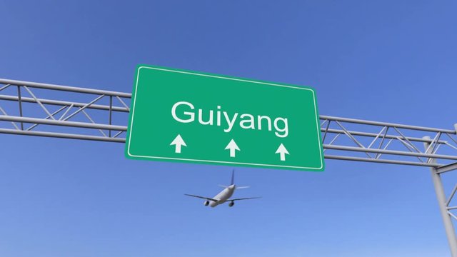 Twin engine commercial airplane arriving to Guiyang airport. Travelling to China conceptual 4K animation