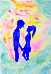 Obraz na płótnie Canvas Blue silhouette guy and girl who look at each other. Lovers views. Watercolor paint
