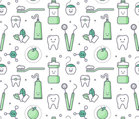 Vector educational seamless pattern with dentist equipment on white background. Fun iconic style Stomatology Tools, teeth care. - 136834139
