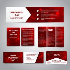 Valentine's Day banner, flyers, brochure, business cards, gift card design templates set with red hearts on red background. Corporate Identity set, advertising, promotion, party invitation printing