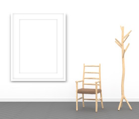 3d interior rendering of blank picture frame and wooden chair and coat hanger