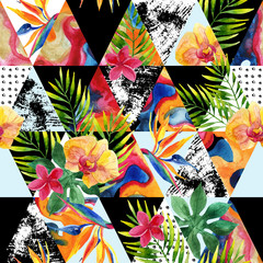Obrazy na Plexi  Streszczenie grunge i marmurowe trójkąty z tropikalnymi kwiatami, liśćmi.