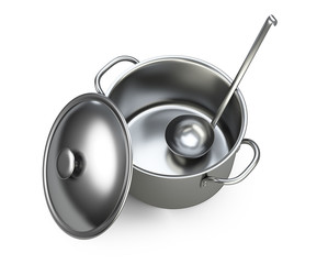 Stainless saucepan, ladle and lid, top wiev.