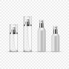 Set of Perfume Spray Bottles in glass and plastic on simple background, vector illustration