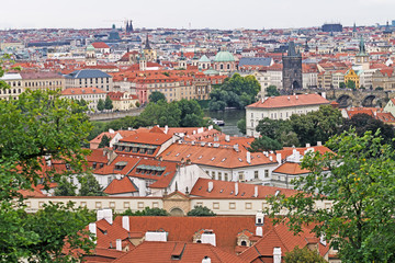 Fototapeta na wymiar Classic cityscape in Prague, with red tile roofs.