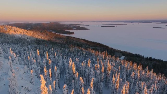 Aerial nordic winter landscape flight over snow mountain forest on sunset.