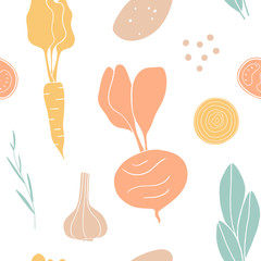 Vegetable seamless pattern. Illustrated kitchen background. Colorful elements on white