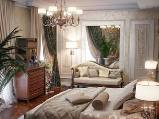 Luxury bedroom interior design in classic style. 3d rendering