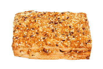 Spicy bun sprinkled with sesame seeds, isolated on white.
