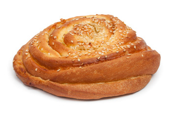Sweet cinnamon bun roll swirl, isolated on a white background, c