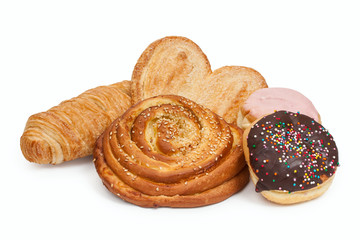 Homemade baking. Sweet cinnamon bun roll swirl with curd, puff p