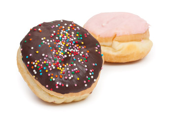 Donuts with chocolate icing and sprinkles. Donut with cherry jam