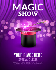 Magic Show poster design template. Magic show flyer design with magic hat and curtains