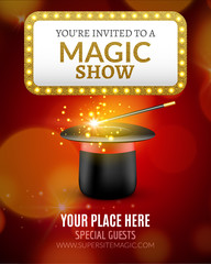 Magic Show poster design template. Magic show flyer design with magic hat and retro light sign