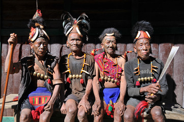 The warriors from the tribe of Konyak headhunters in the Nagaland state, India, 