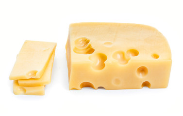 Piece of cheese and slices isolated on a white background