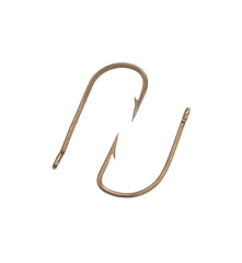 Fishing hooks isolated on white top view close up