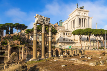 Rome. Italy. The ruins of Caesar's Forum (54 -. 46 BCE..) And the Vittoriano Monument on Capitoline...