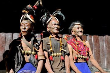 Warriors from the tribe of Konyak headhunters in the Nagaland state, India, 
