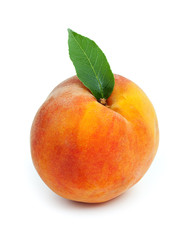Fototapeta na wymiar Fresh ripe juicy red peach with green leaf isolated on a white b