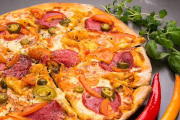 Pizza with salami and fresh oregano herbs