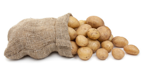 Potato tubers in a sack isolated on white